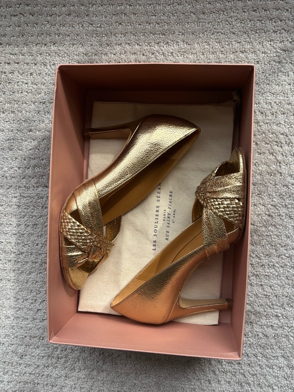 Sezane Metallic Gold Braided Peep-Toe Pumps - Picture 12 of 12